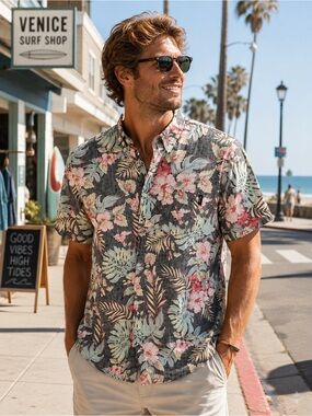 Molokai Surf Co. Gray & Pink Tropical Floral Button-Up Shirt